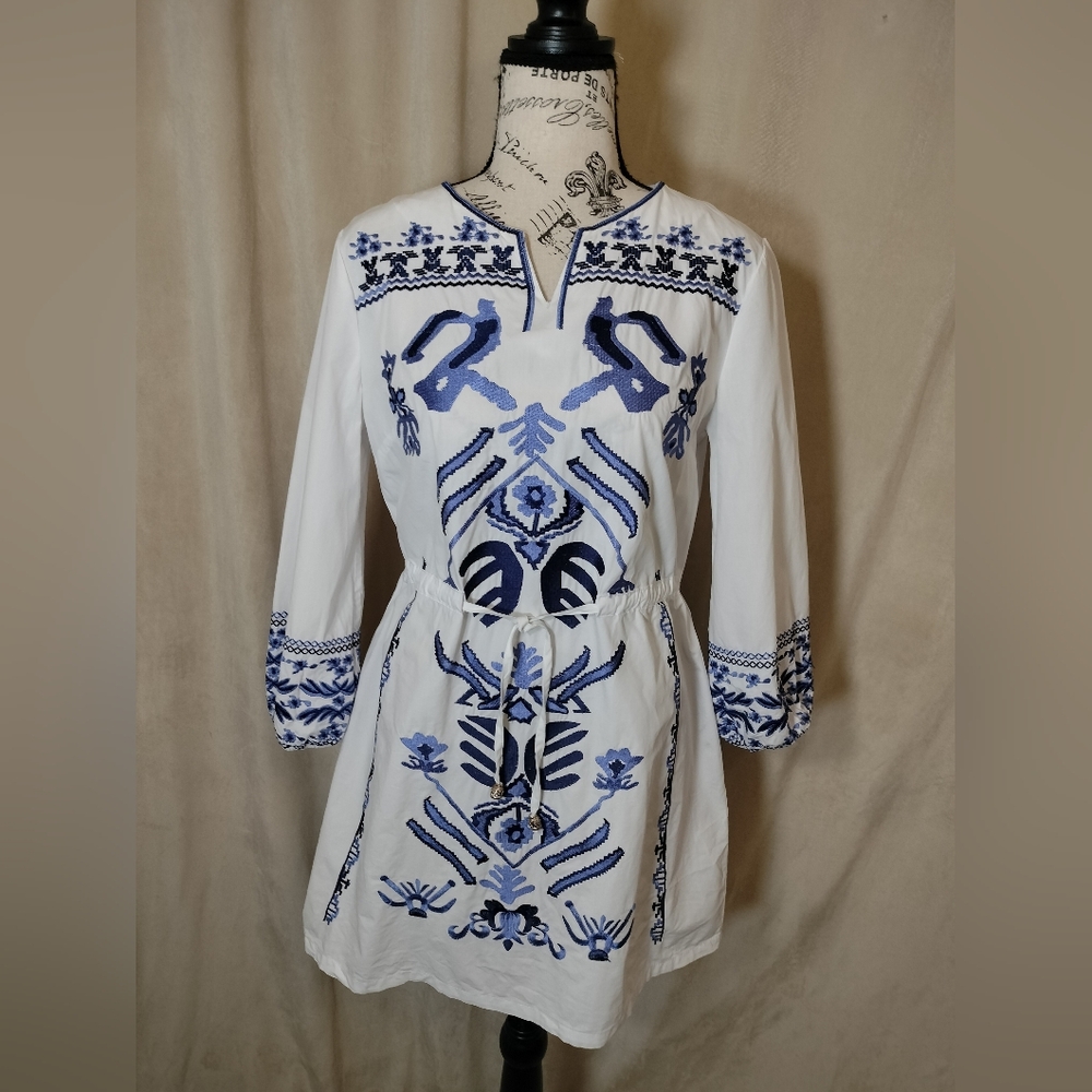 Elegant White Cotton Tunic Dress Split Neck 3/4 Sleeve Tie Waist. Size XL